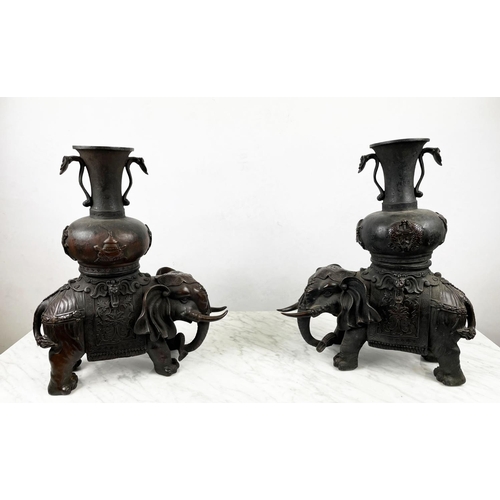 5 - CAPARISONED CHINESE BRONZE ALTAR VASE ELEPHANTS, a pair, Qing style, 42cm H x 34cm W. (2)