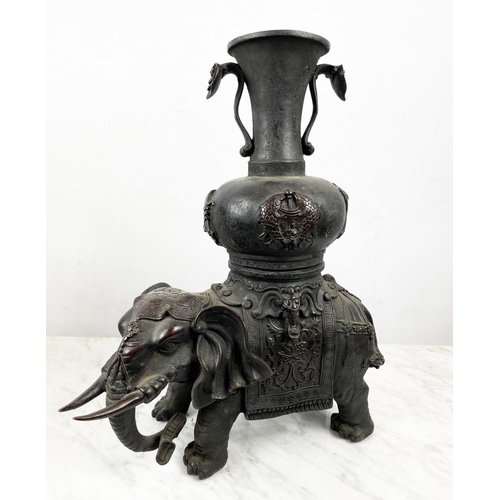 5 - CAPARISONED CHINESE BRONZE ALTAR VASE ELEPHANTS, a pair, Qing style, 42cm H x 34cm W. (2)