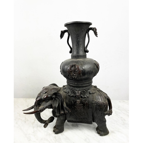 5 - CAPARISONED CHINESE BRONZE ALTAR VASE ELEPHANTS, a pair, Qing style, 42cm H x 34cm W. (2)