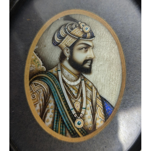 81 - PERSIAN PORTRAIT MINATURES, four, ebonised frames, largest 14.5cm x 12.5cm overall. (4)