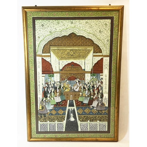 82 - MUGHAL SCHOOL, a large gouache on silk depicting an interior scene with seated dignitaries and atten... 