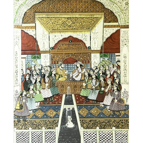 82 - MUGHAL SCHOOL, a large gouache on silk depicting an interior scene with seated dignitaries and atten... 