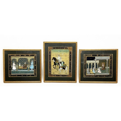 85 - MUGHAL SCHOOL, three gouache on silk, including figures on horseback, 24cm x 19cm, and a pair of cou... 