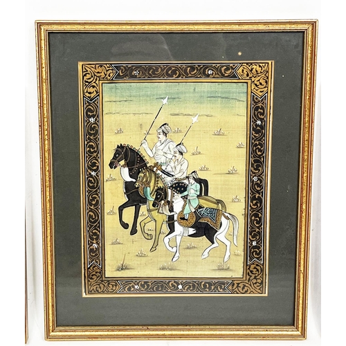 85 - MUGHAL SCHOOL, three gouache on silk, including figures on horseback, 24cm x 19cm, and a pair of cou... 