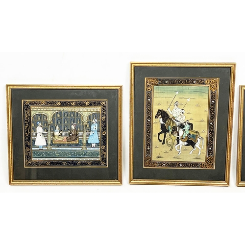 85 - MUGHAL SCHOOL, three gouache on silk, including figures on horseback, 24cm x 19cm, and a pair of cou... 