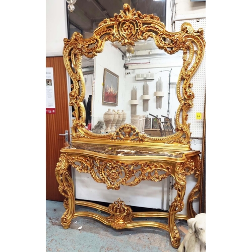 486 - CONSOLE TABLE AND MIRROR, Rococo style, gilt, marble top, bevelled plate, 180cm x 51cm x 250cm.