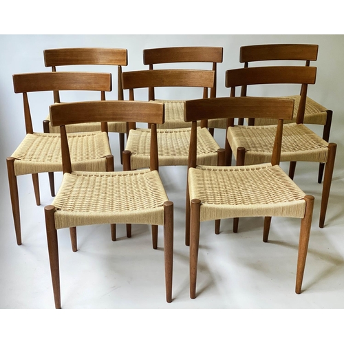 492 - AFTER ARNE HOVMAND OLSEN DINING CHAIRS, eight, 76cm H, Danish teak, with paper cord upholstered wove... 