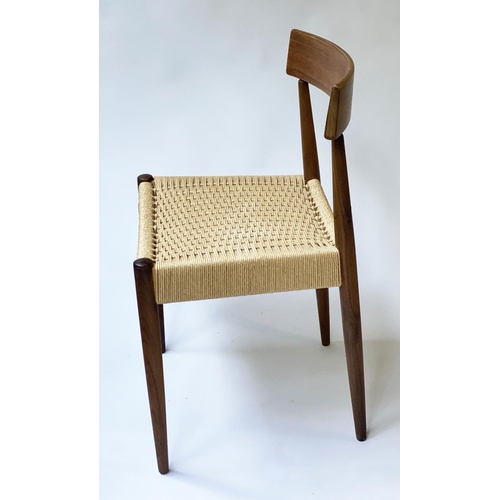 492 - AFTER ARNE HOVMAND OLSEN DINING CHAIRS, eight, 76cm H, Danish teak, with paper cord upholstered wove... 