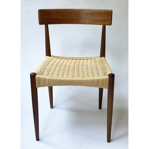 492 - AFTER ARNE HOVMAND OLSEN DINING CHAIRS, eight, 76cm H, Danish teak, with paper cord upholstered wove... 