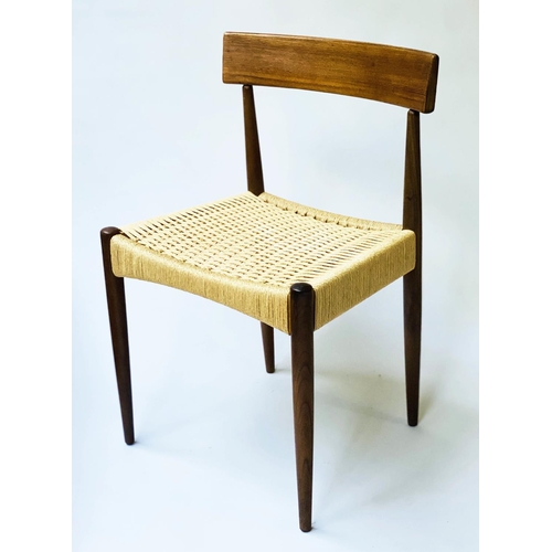 492 - AFTER ARNE HOVMAND OLSEN DINING CHAIRS, eight, 76cm H, Danish teak, with paper cord upholstered wove... 