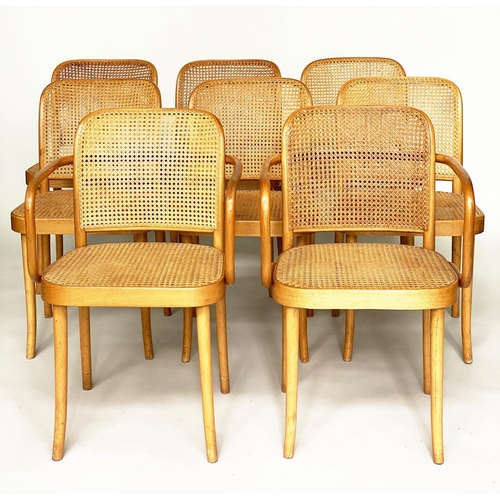 493 - DINING CHAIRS, a set of eight, 1970s beech bentwood and cane panelled including two armchairs, 44cm ... 