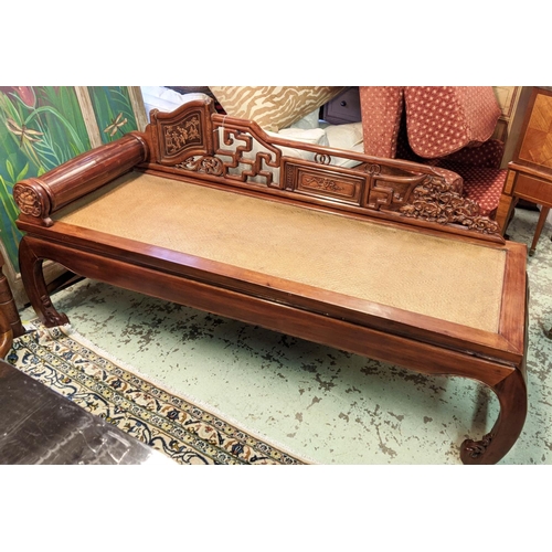 138 - DAYBED, Chinese Shanxi style, caned detail, 190cm x 67.5cm x 87.5cm.