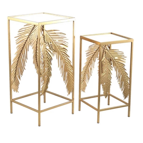 384 - SIDE TABLES, a graduated pair, 1970's Italian style, palm leaf detail, gilt metal, mirrored tops, la... 