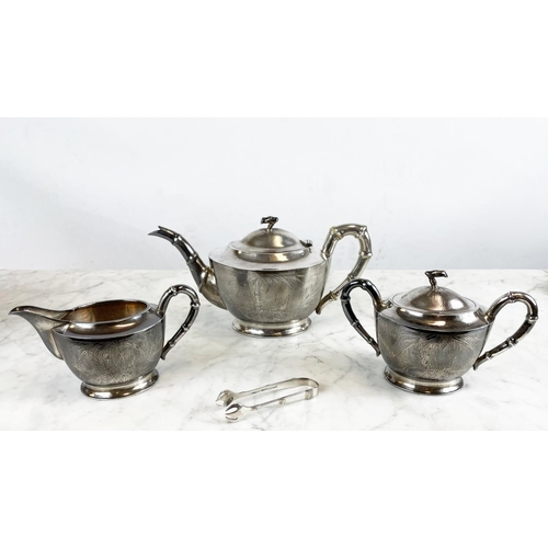 10 - CHINESE EXPORT SILVER TEA SET, c. 1940s Republic period, comprising a teapot, sugar bowl, milk jug a... 