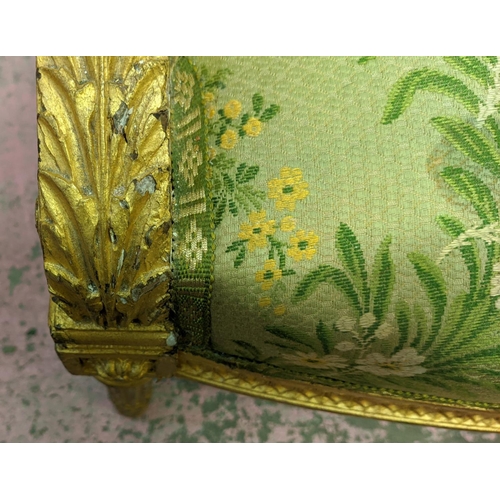 152 - LOUIS XVI STYLE GILTWOOD CANAPE, 19th century gilt gesso applied decoration, green silk floral patte... 