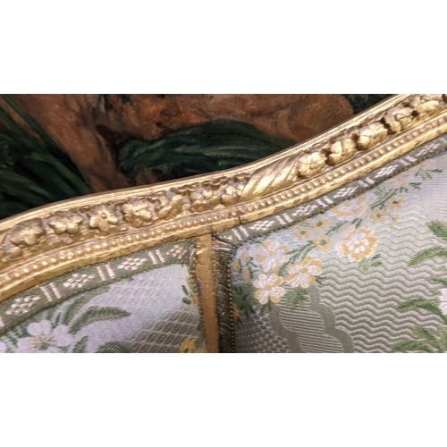 153 - LOUIS XVI STYLE BERGERE A OREILLE, 19th century gesso applied giltwood frame, green silk floral patt... 