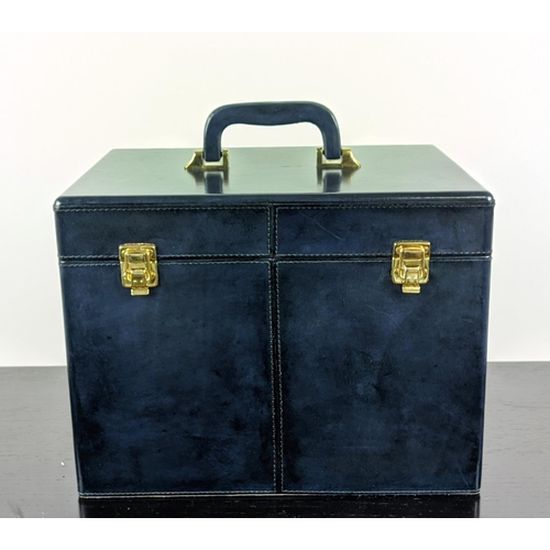 477 - VANITY CASE, blue leathered exterior, mirror inside, 36cm x 27cm x 27cm.