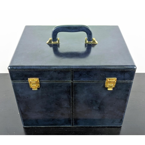 477 - VANITY CASE, blue leathered exterior, mirror inside, 36cm x 27cm x 27cm.