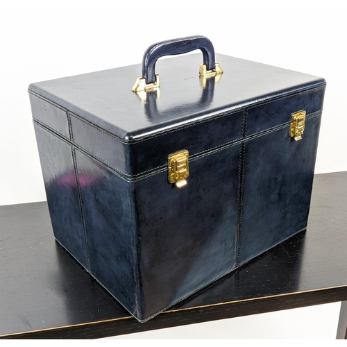 477 - VANITY CASE, blue leathered exterior, mirror inside, 36cm x 27cm x 27cm.