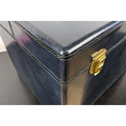 477 - VANITY CASE, blue leathered exterior, mirror inside, 36cm x 27cm x 27cm.