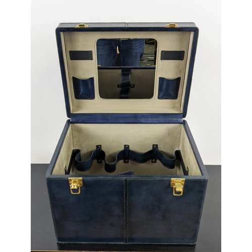 477 - VANITY CASE, blue leathered exterior, mirror inside, 36cm x 27cm x 27cm.