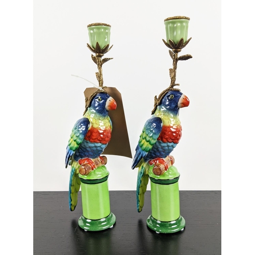 484 - CANDEL STICKS, a pair, in the form of parrots, glazed ceramic, gilt mounts, 32cm H each. (2)