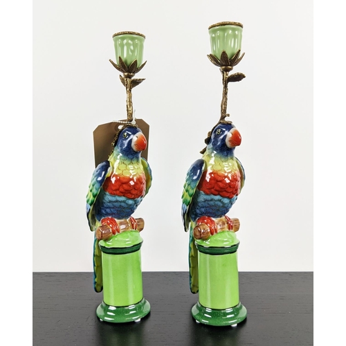 484 - CANDEL STICKS, a pair, in the form of parrots, glazed ceramic, gilt mounts, 32cm H each. (2)