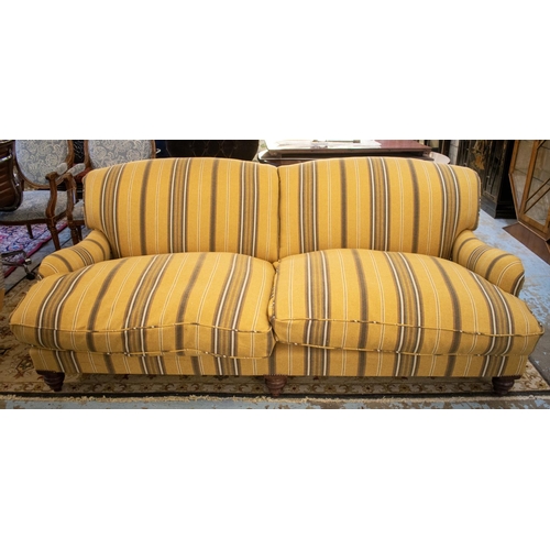 502 - HOWARD STYLE SOFA, 83cm H x 217cm x 113cm, brown striped upholstery.