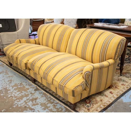 502 - HOWARD STYLE SOFA, 83cm H x 217cm x 113cm, brown striped upholstery.