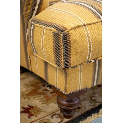 502 - HOWARD STYLE SOFA, 83cm H x 217cm x 113cm, brown striped upholstery.