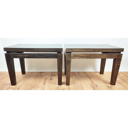 344 - SIDE TABLES, a pair, dark wood construction, 70cm x 45cm x 50cm. (2)