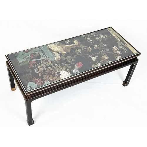 155 - CHINESE LOW TABLE, with inset coromandel polychrome lacquer panel, 100cm L x 43cm W x 41cm H.