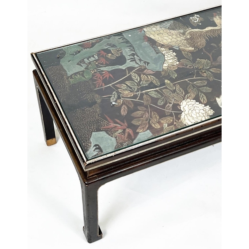 155 - CHINESE LOW TABLE, with inset coromandel polychrome lacquer panel, 100cm L x 43cm W x 41cm H.