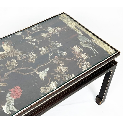 155 - CHINESE LOW TABLE, with inset coromandel polychrome lacquer panel, 100cm L x 43cm W x 41cm H.