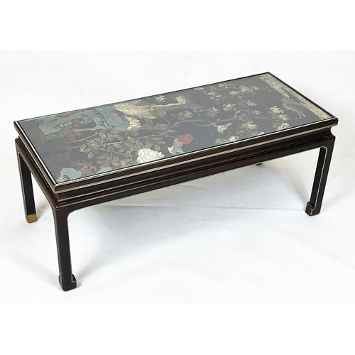 155 - CHINESE LOW TABLE, with inset coromandel polychrome lacquer panel, 100cm L x 43cm W x 41cm H.