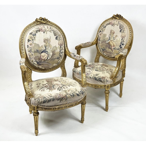 156 - FAUTEUILS, 101cm H x 60cm W, a pair, 19th century French giltwood with Aubusson tapestry covers. (2)