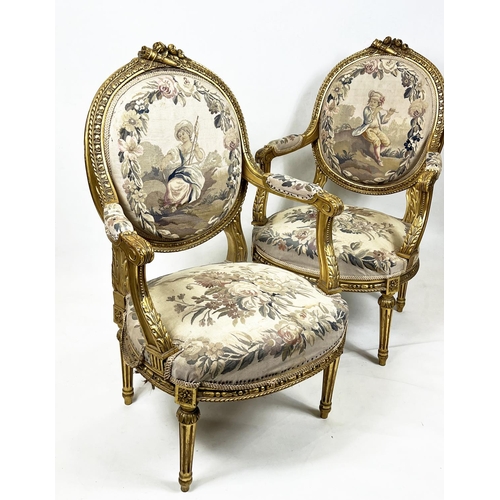 156 - FAUTEUILS, 101cm H x 60cm W, a pair, 19th century French giltwood with Aubusson tapestry covers. (2)