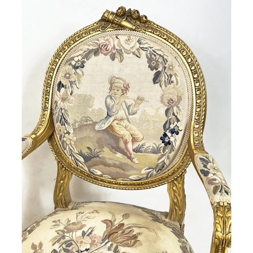 156 - FAUTEUILS, 101cm H x 60cm W, a pair, 19th century French giltwood with Aubusson tapestry covers. (2)