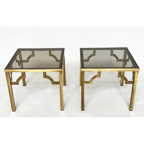 184 - LAMP TABLES, a pair, 1970s square gilt metal and glazed with bracketed supports, 46cm x 46cm x 41cm ... 