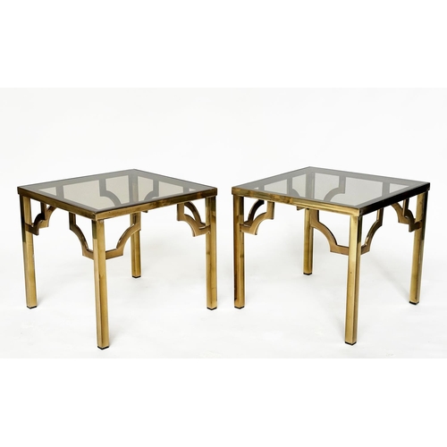 184 - LAMP TABLES, a pair, 1970s square gilt metal and glazed with bracketed supports, 46cm x 46cm x 41cm ... 