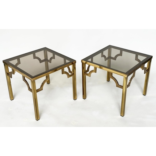 184 - LAMP TABLES, a pair, 1970s square gilt metal and glazed with bracketed supports, 46cm x 46cm x 41cm ... 