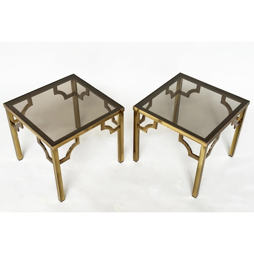 184 - LAMP TABLES, a pair, 1970s square gilt metal and glazed with bracketed supports, 46cm x 46cm x 41cm ... 