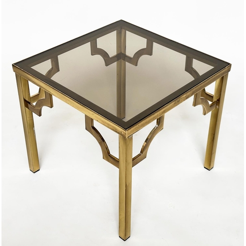 184 - LAMP TABLES, a pair, 1970s square gilt metal and glazed with bracketed supports, 46cm x 46cm x 41cm ... 