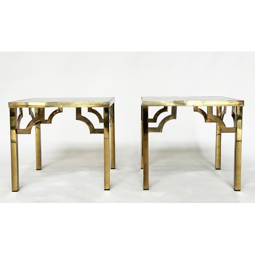 184 - LAMP TABLES, a pair, 1970s square gilt metal and glazed with bracketed supports, 46cm x 46cm x 41cm ... 