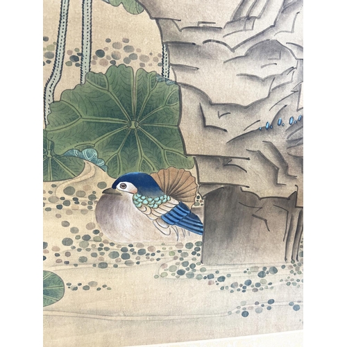 37 - CHINESE SCROLL, watercolour on silk depicting a pair of ducks beneath lotus blooms and butterflied w... 