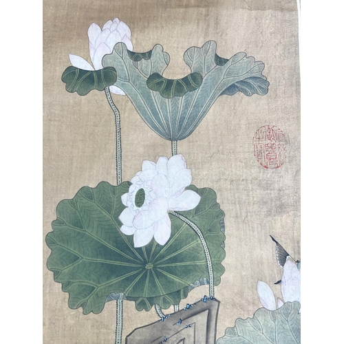 37 - CHINESE SCROLL, watercolour on silk depicting a pair of ducks beneath lotus blooms and butterflied w... 