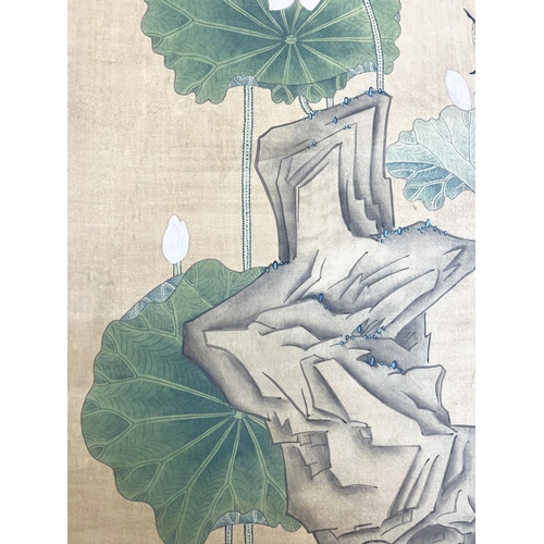 37 - CHINESE SCROLL, watercolour on silk depicting a pair of ducks beneath lotus blooms and butterflied w... 