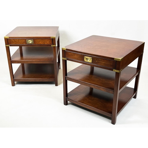 508 - CAMPAIGN STYLE SIDE TABLES, 61cm H x 61cm W x 61cm D, a pair, cherrywood and brass bound, each with ... 