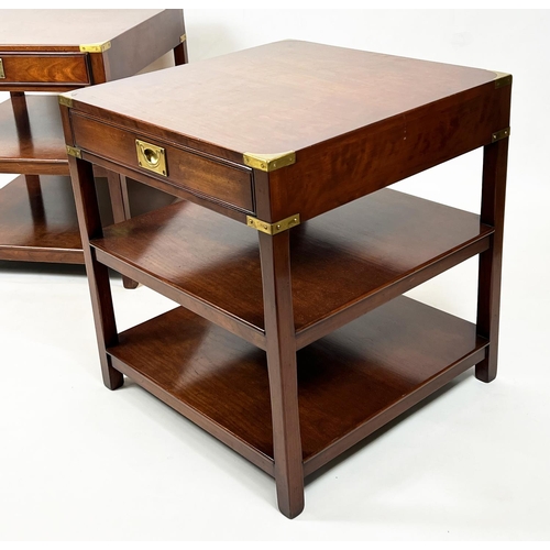 508 - CAMPAIGN STYLE SIDE TABLES, 61cm H x 61cm W x 61cm D, a pair, cherrywood and brass bound, each with ... 