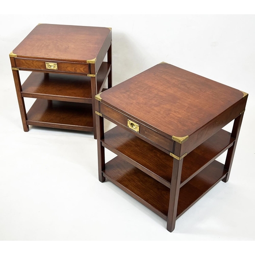 508 - CAMPAIGN STYLE SIDE TABLES, 61cm H x 61cm W x 61cm D, a pair, cherrywood and brass bound, each with ... 